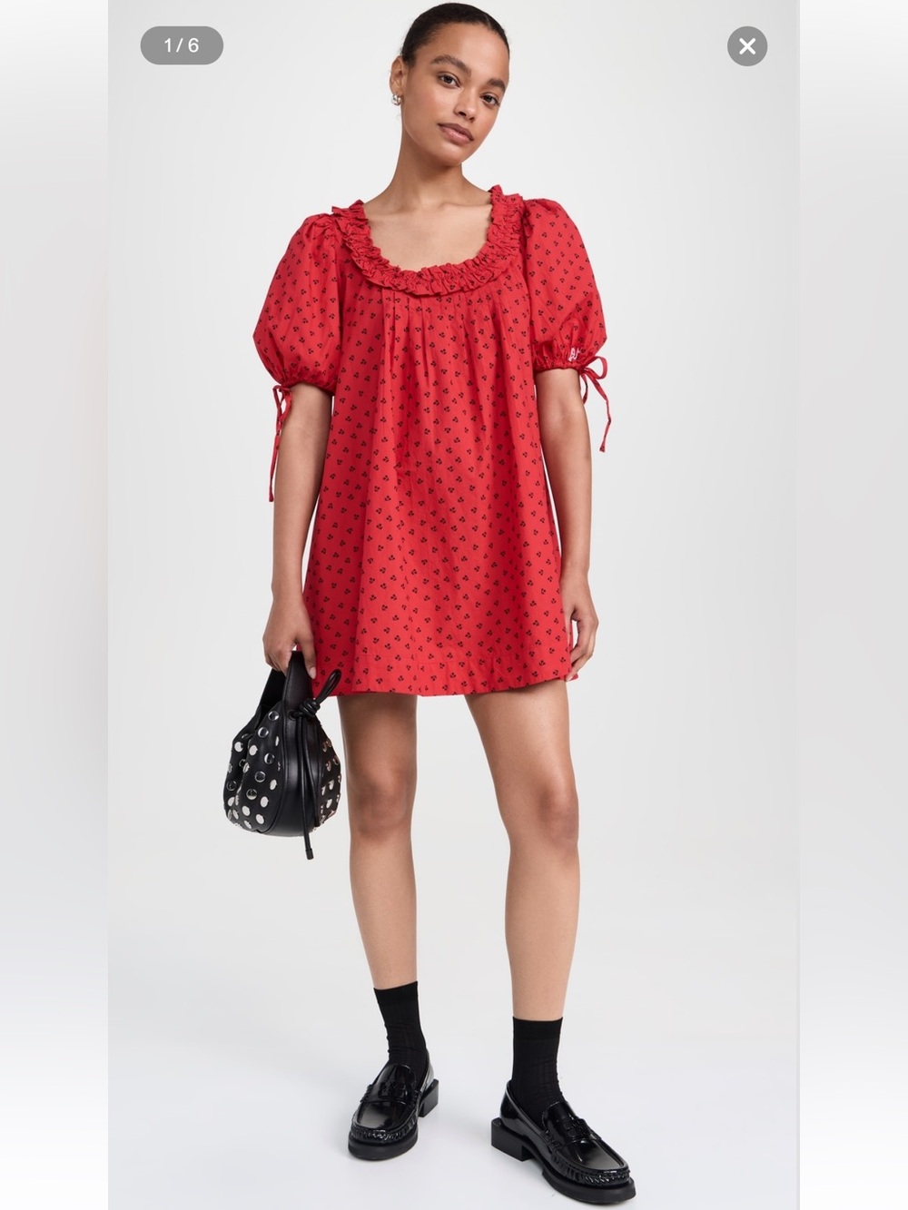 Damson Madder Jemima Red Cherry Print Puff Sleeve Mini Dress UK 12 US 8